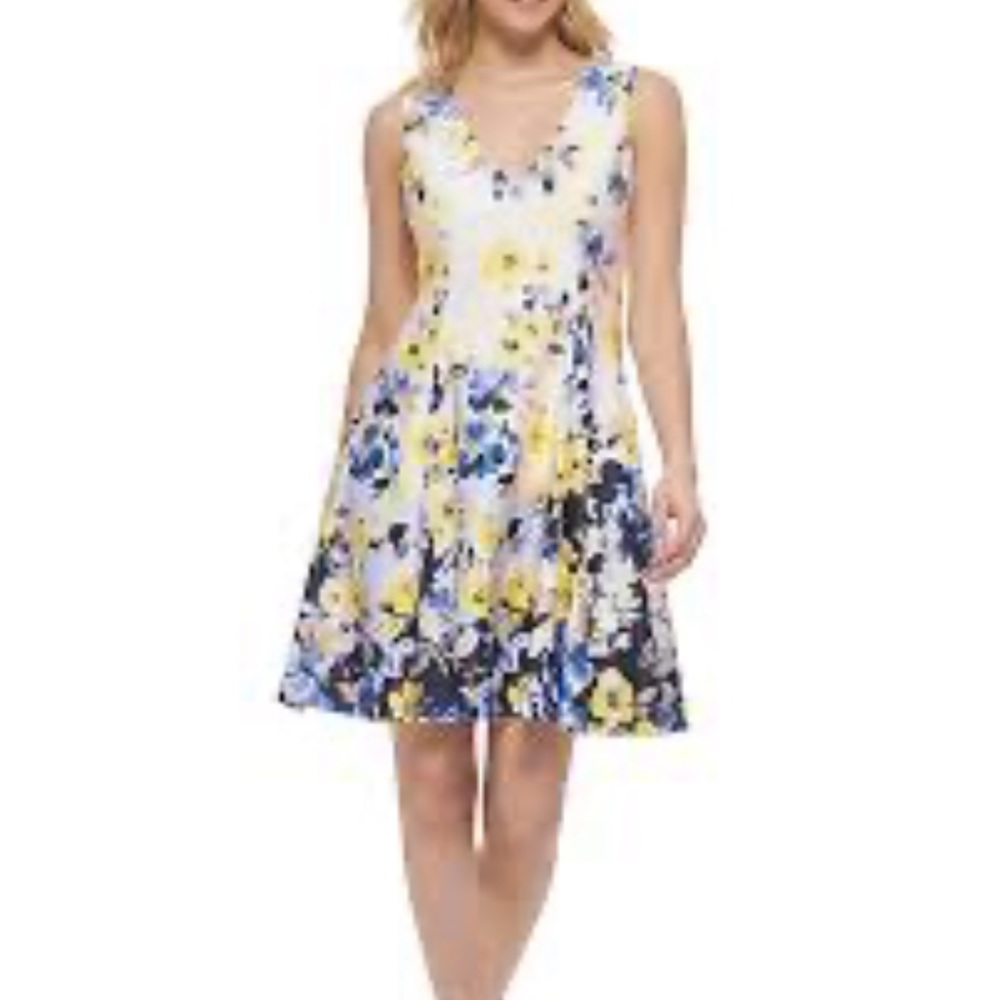 Vince Camuto White Floral A-Line Dress with Blue and Yellow Accents